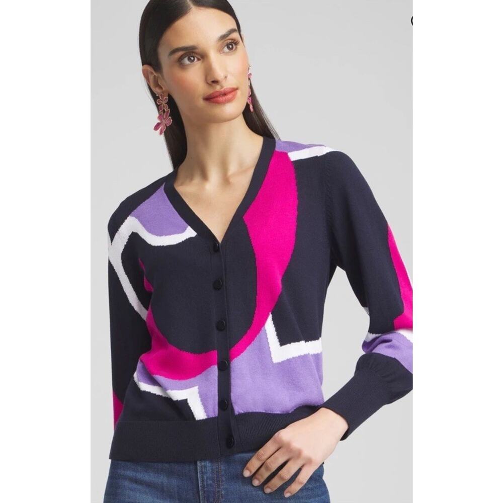 Chico's Navy Pink Purple White Geometric V-Neck Cardigan